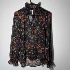 H&M Black Sheer Floral Tie-Neck Blouse with Multicolor Blooms